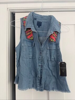 GUESS Denim Button-Front Sleeveless Tank with Neon Embroidered Shoulders